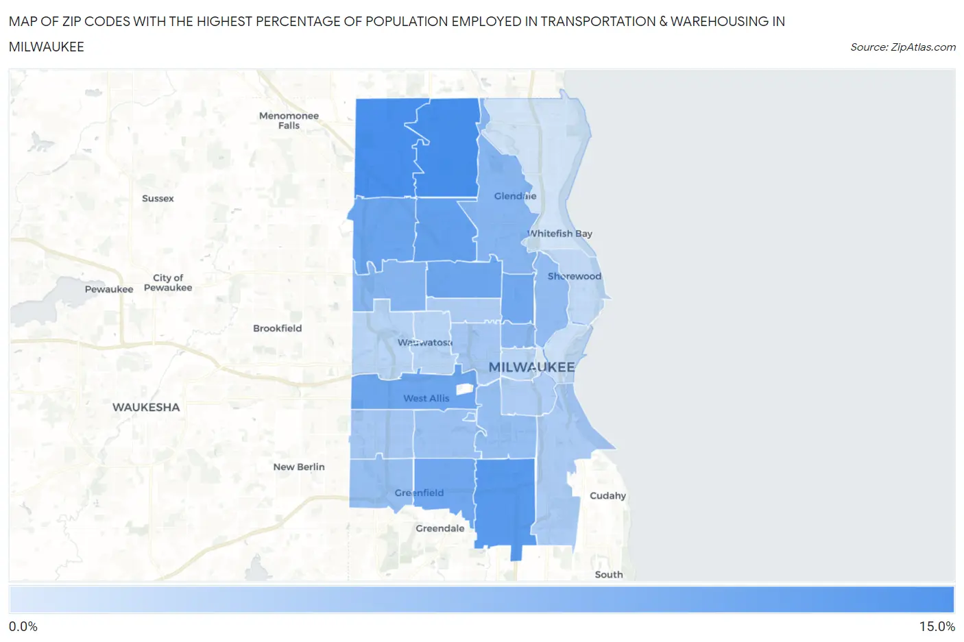 Zip Codes with the Highest Percentage of Population Employed in Transportation & Warehousing in Milwaukee Map