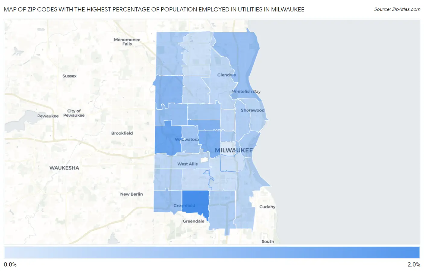Zip Codes with the Highest Percentage of Population Employed in Utilities in Milwaukee Map