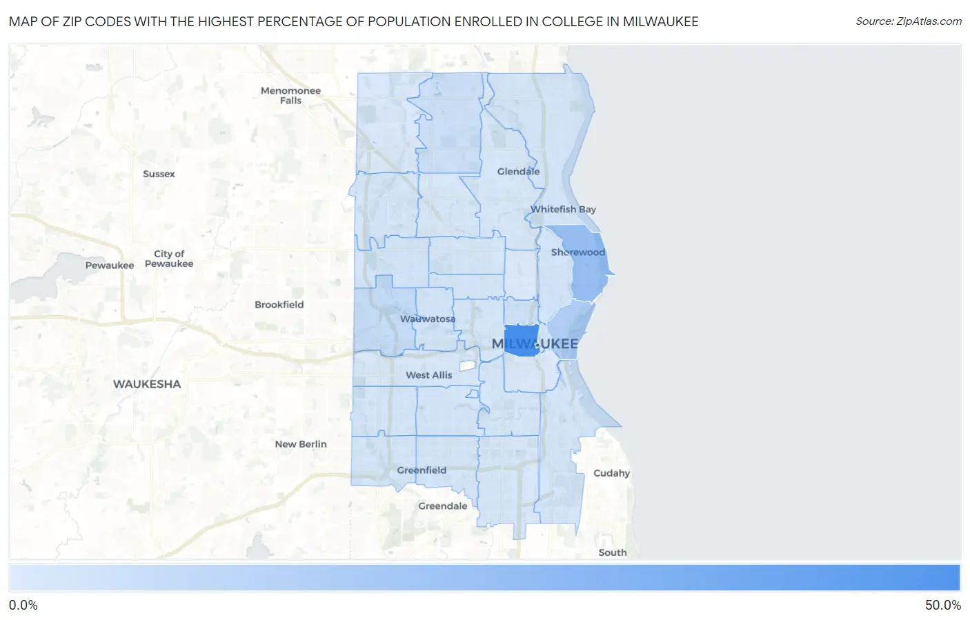 Zip Codes with the Highest Percentage of Population Enrolled in College in Milwaukee Map