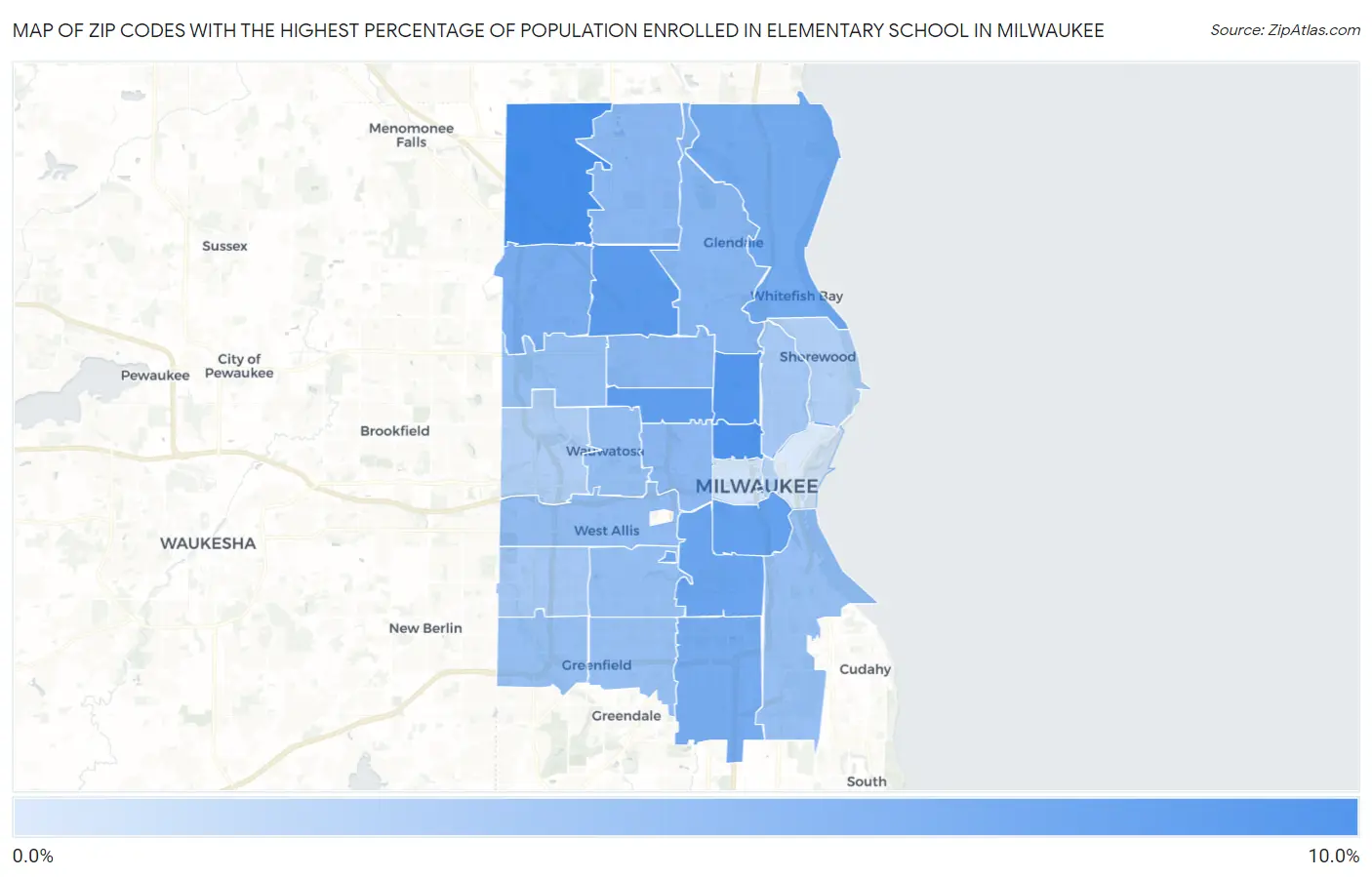 Zip Codes with the Highest Percentage of Population Enrolled in Elementary School in Milwaukee Map