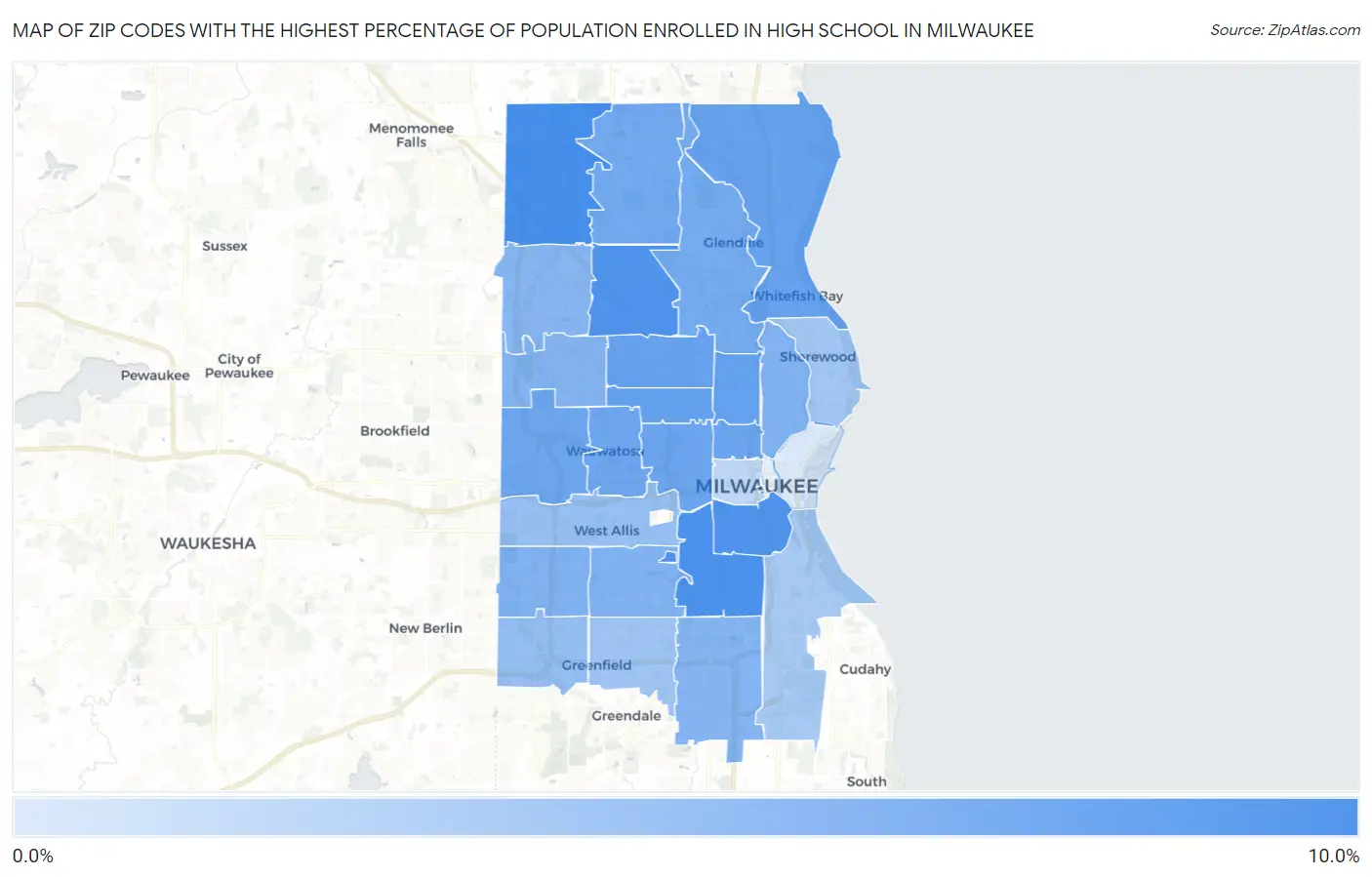 Zip Codes with the Highest Percentage of Population Enrolled in High School in Milwaukee Map