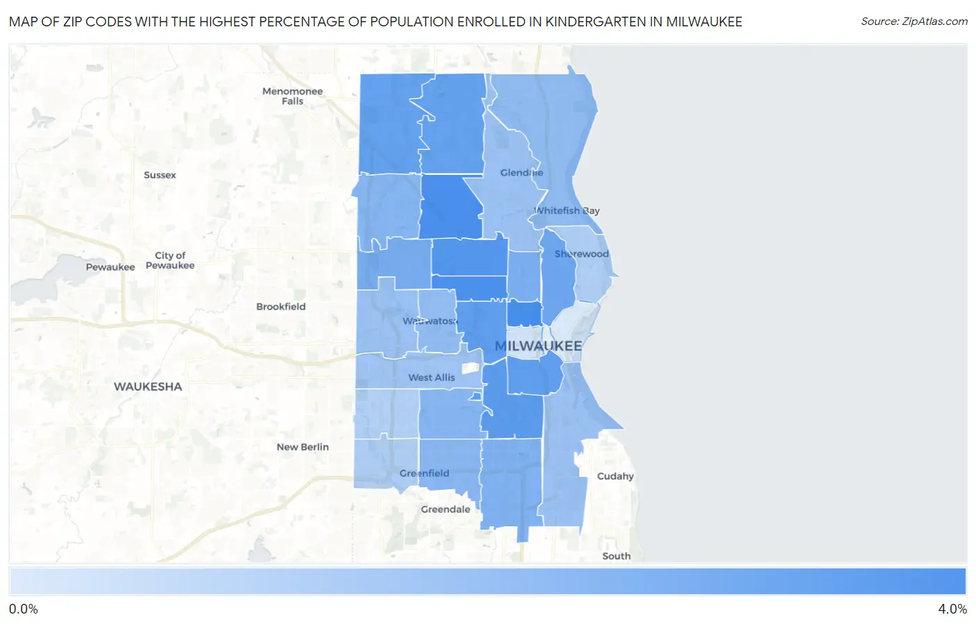 Zip Codes with the Highest Percentage of Population Enrolled in Kindergarten in Milwaukee Map