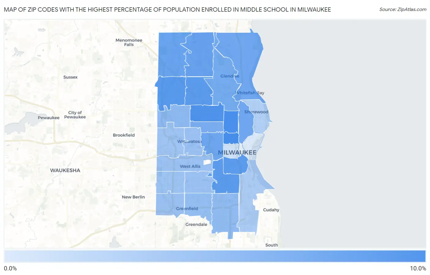 Zip Codes with the Highest Percentage of Population Enrolled in Middle School in Milwaukee Map