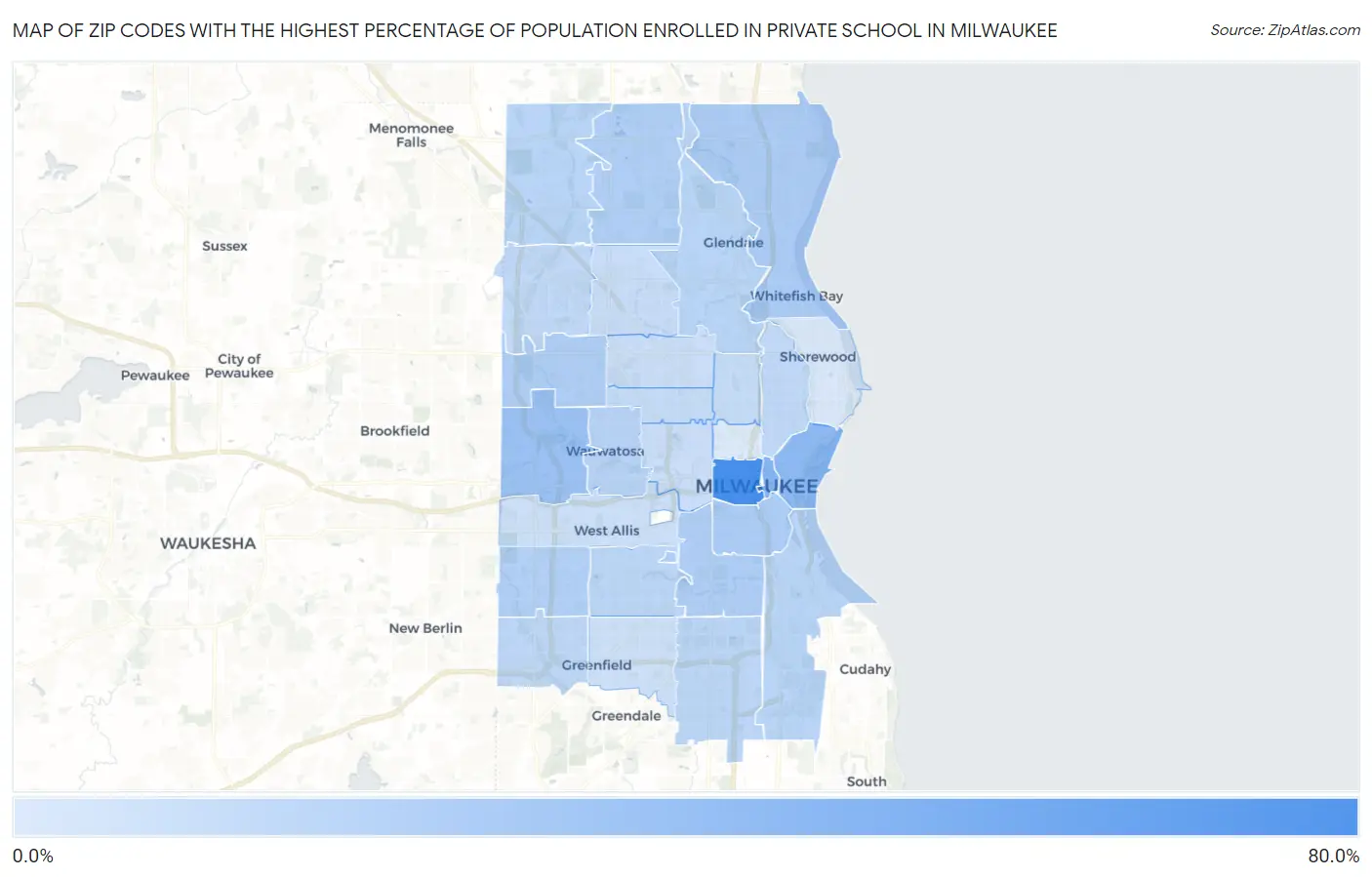 Zip Codes with the Highest Percentage of Population Enrolled in Private School in Milwaukee Map