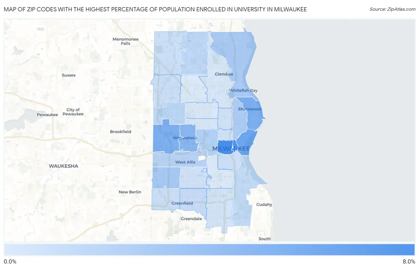 Zip Codes with the Highest Percentage of Population Enrolled in University in Milwaukee Map