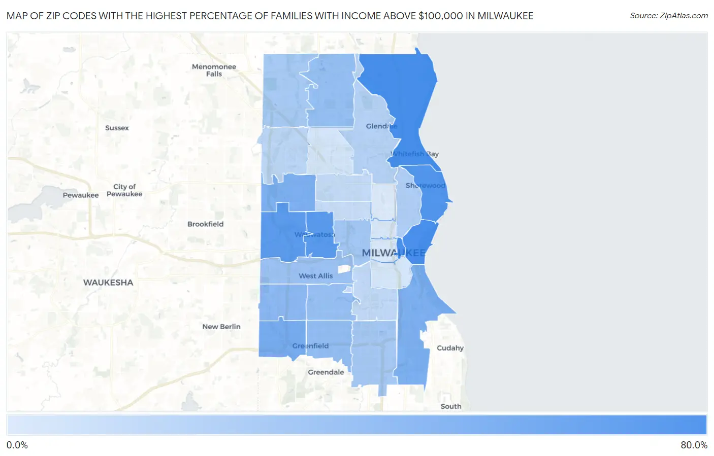 Zip Codes with the Highest Percentage of Families with Income Above $100,000 in Milwaukee Map