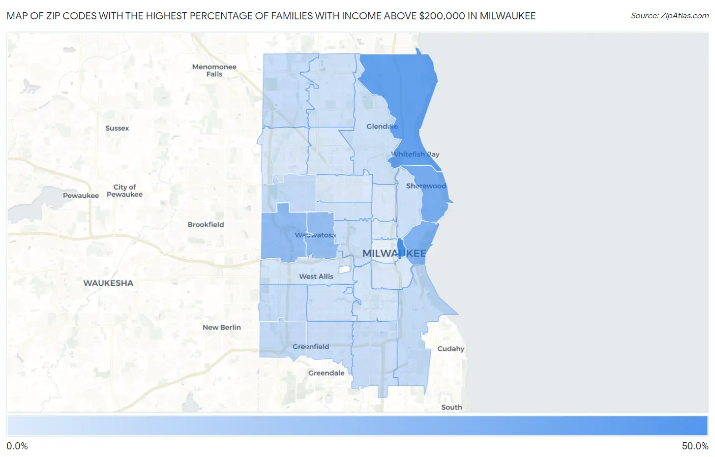 Zip Codes with the Highest Percentage of Families with Income Above $200,000 in Milwaukee Map