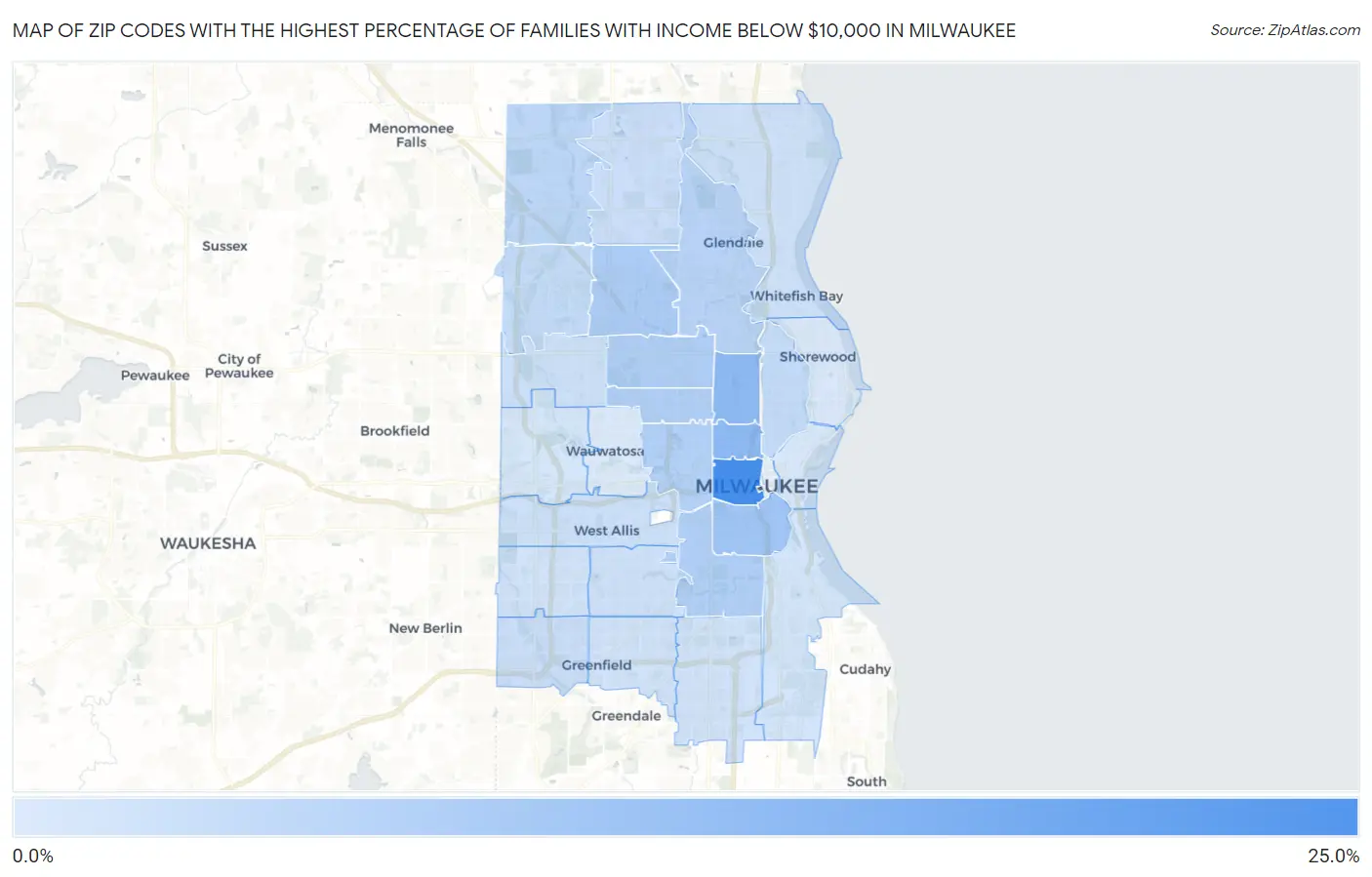 Zip Codes with the Highest Percentage of Families with Income Below $10,000 in Milwaukee Map