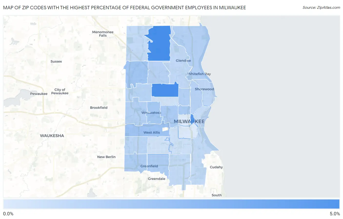 Zip Codes with the Highest Percentage of Federal Government Employees in Milwaukee Map