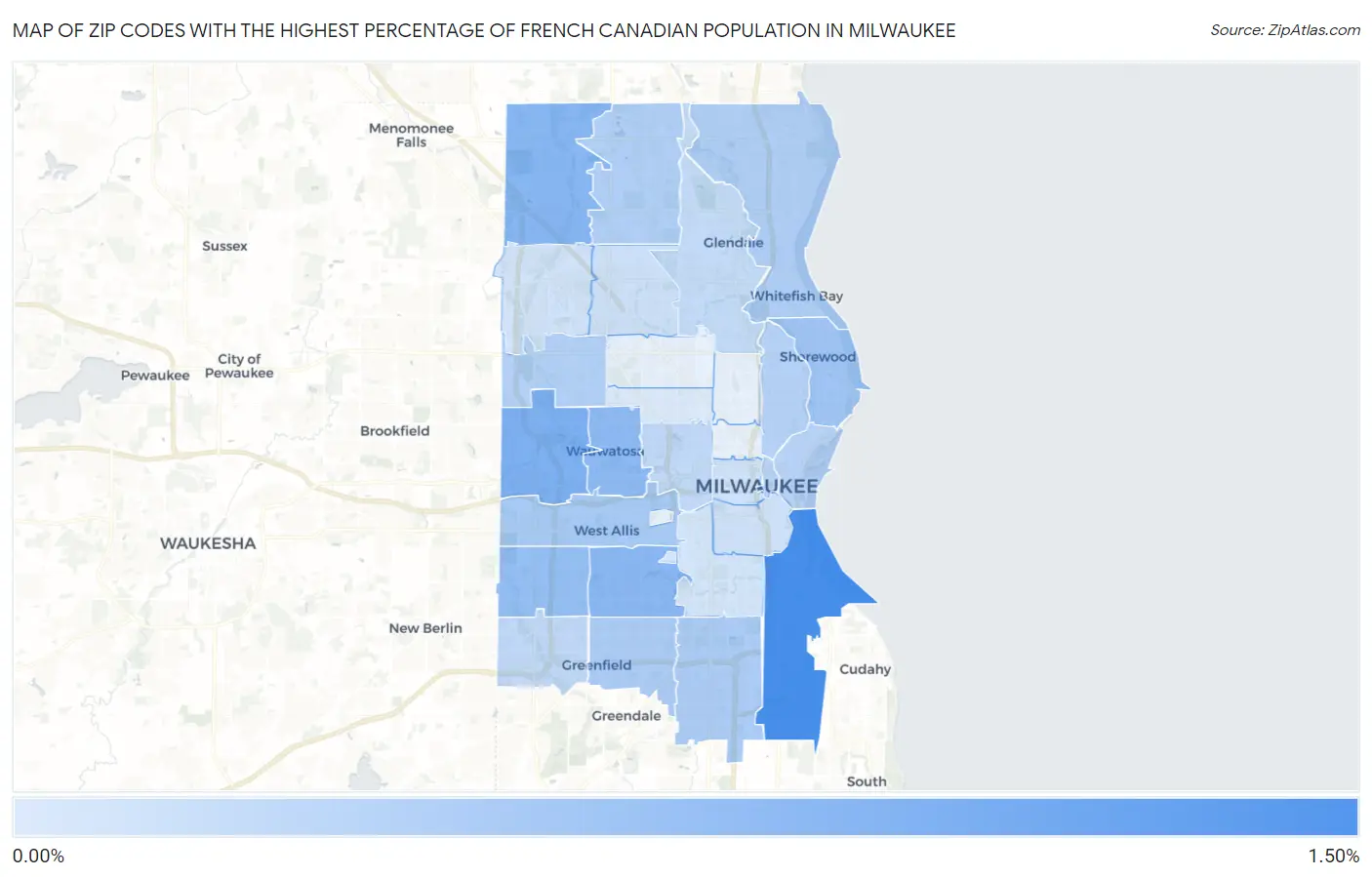 Zip Codes with the Highest Percentage of French Canadian Population in Milwaukee Map