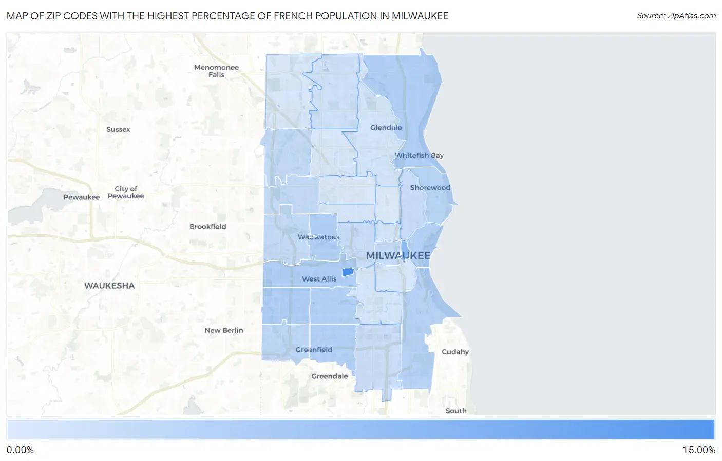 Zip Codes with the Highest Percentage of French Population in Milwaukee Map