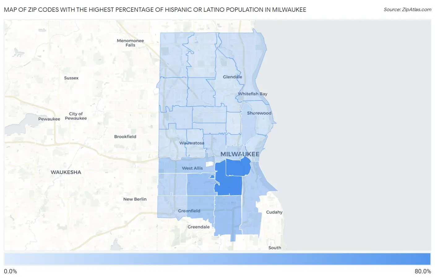 Zip Codes with the Highest Percentage of Hispanic or Latino Population in Milwaukee Map