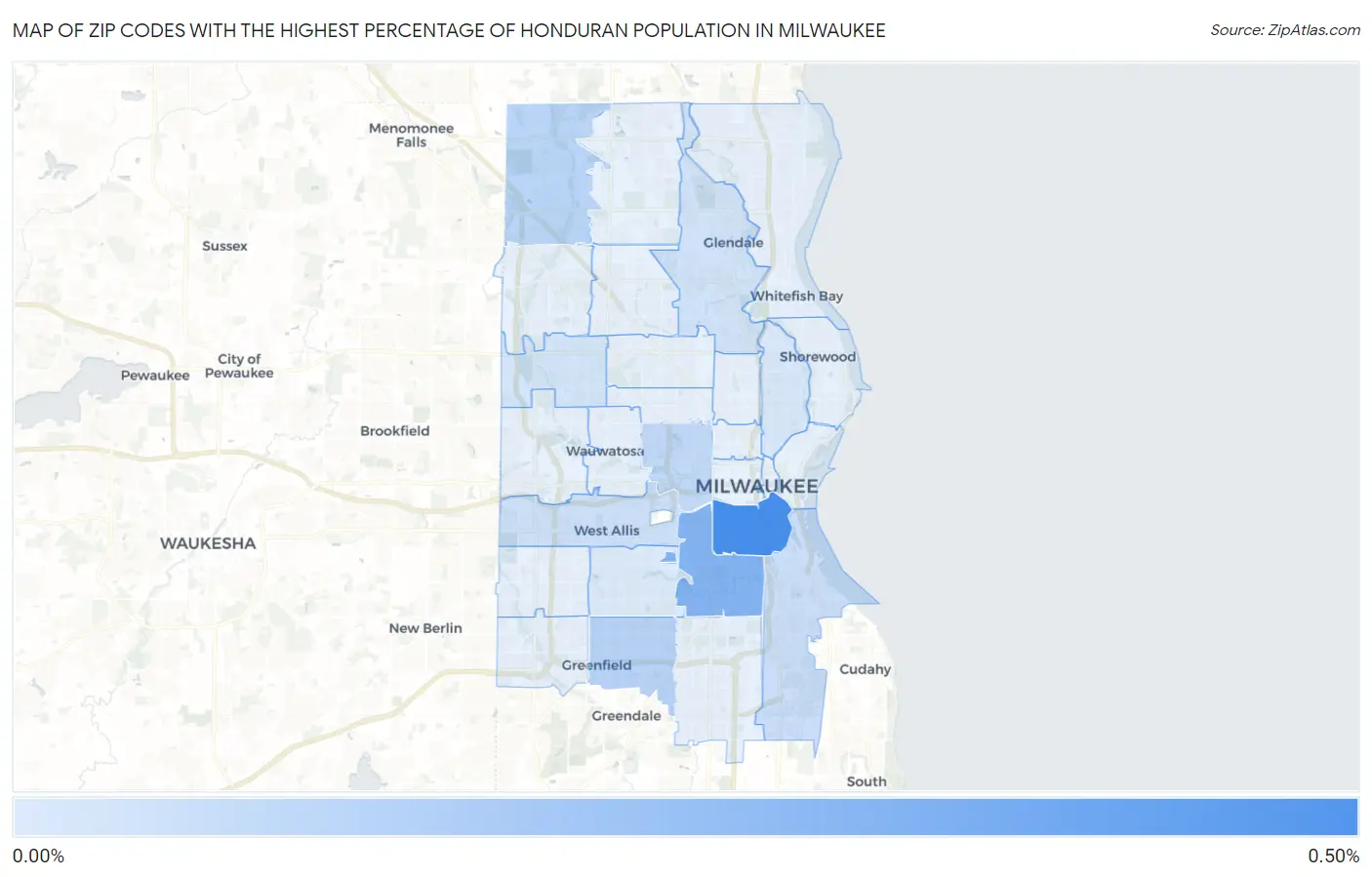 Zip Codes with the Highest Percentage of Honduran Population in Milwaukee Map