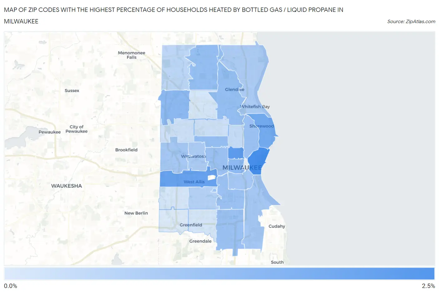 Zip Codes with the Highest Percentage of Households Heated by Bottled Gas / Liquid Propane in Milwaukee Map
