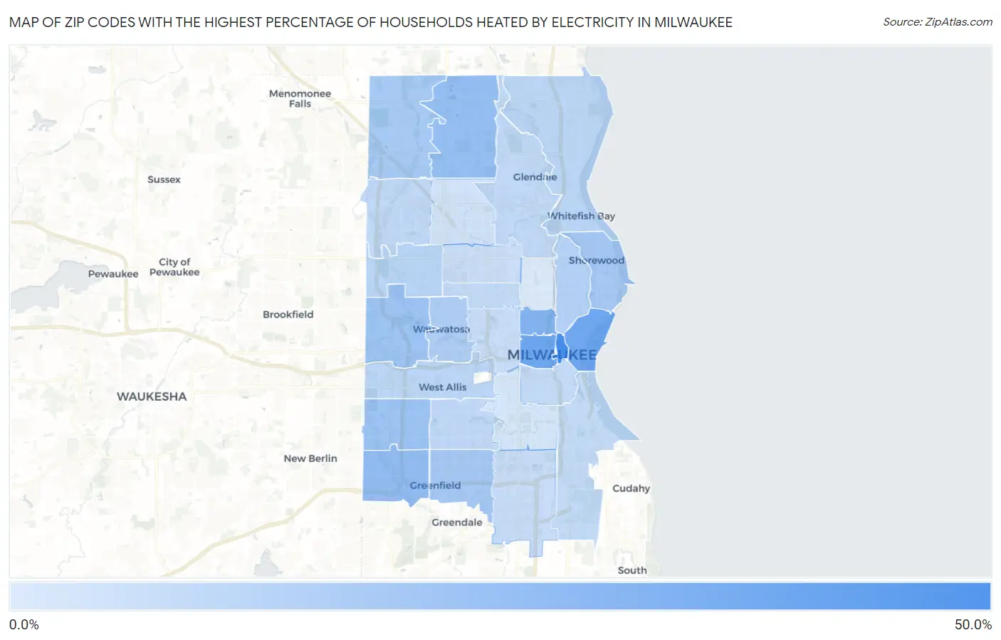 Zip Codes with the Highest Percentage of Households Heated by Electricity in Milwaukee Map