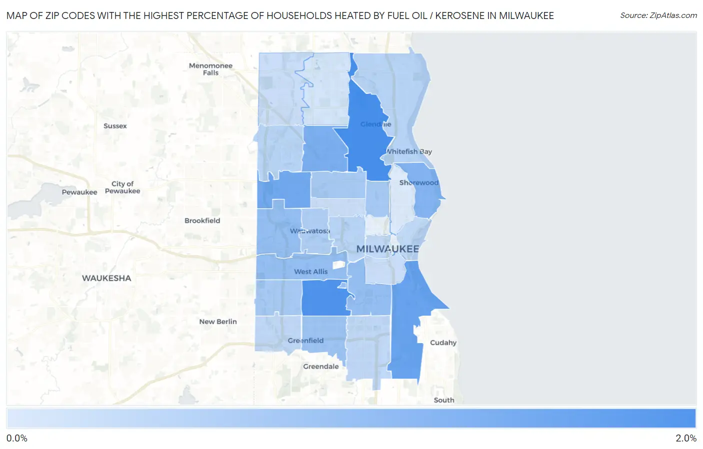 Zip Codes with the Highest Percentage of Households Heated by Fuel Oil / Kerosene in Milwaukee Map