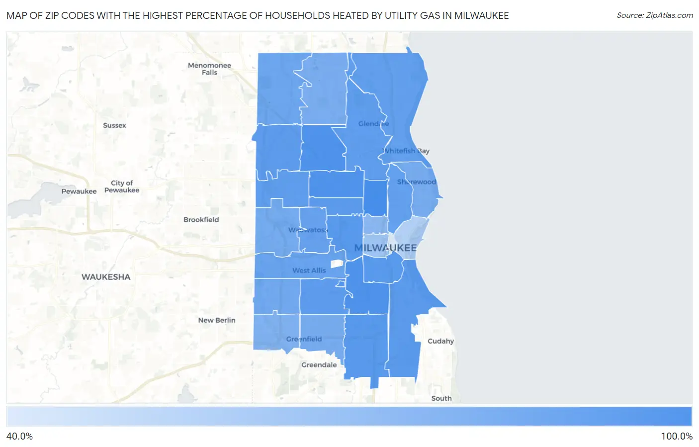 Zip Codes with the Highest Percentage of Households Heated by Utility Gas in Milwaukee Map