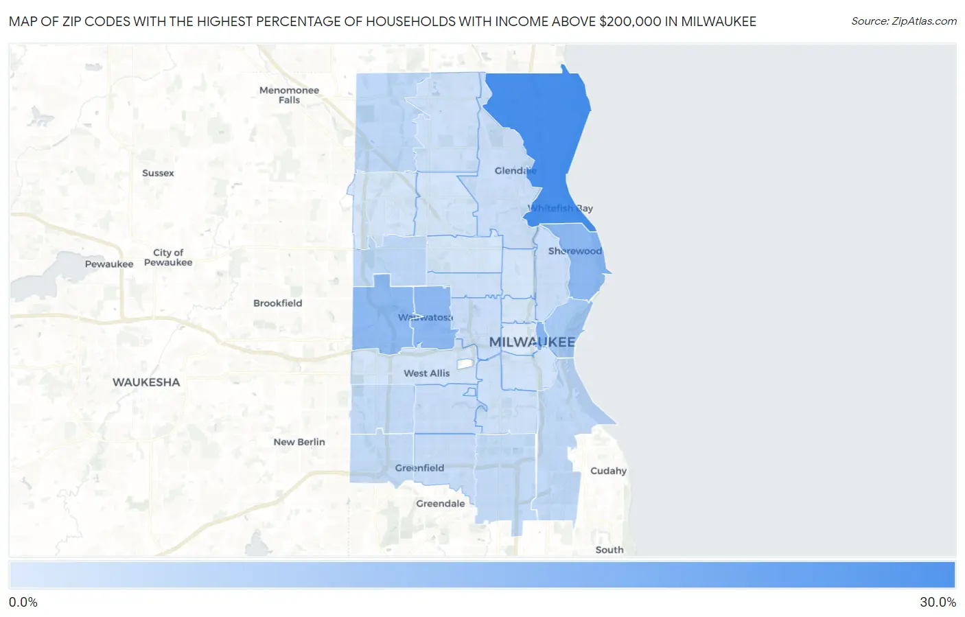 Zip Codes with the Highest Percentage of Households with Income Above $200,000 in Milwaukee Map