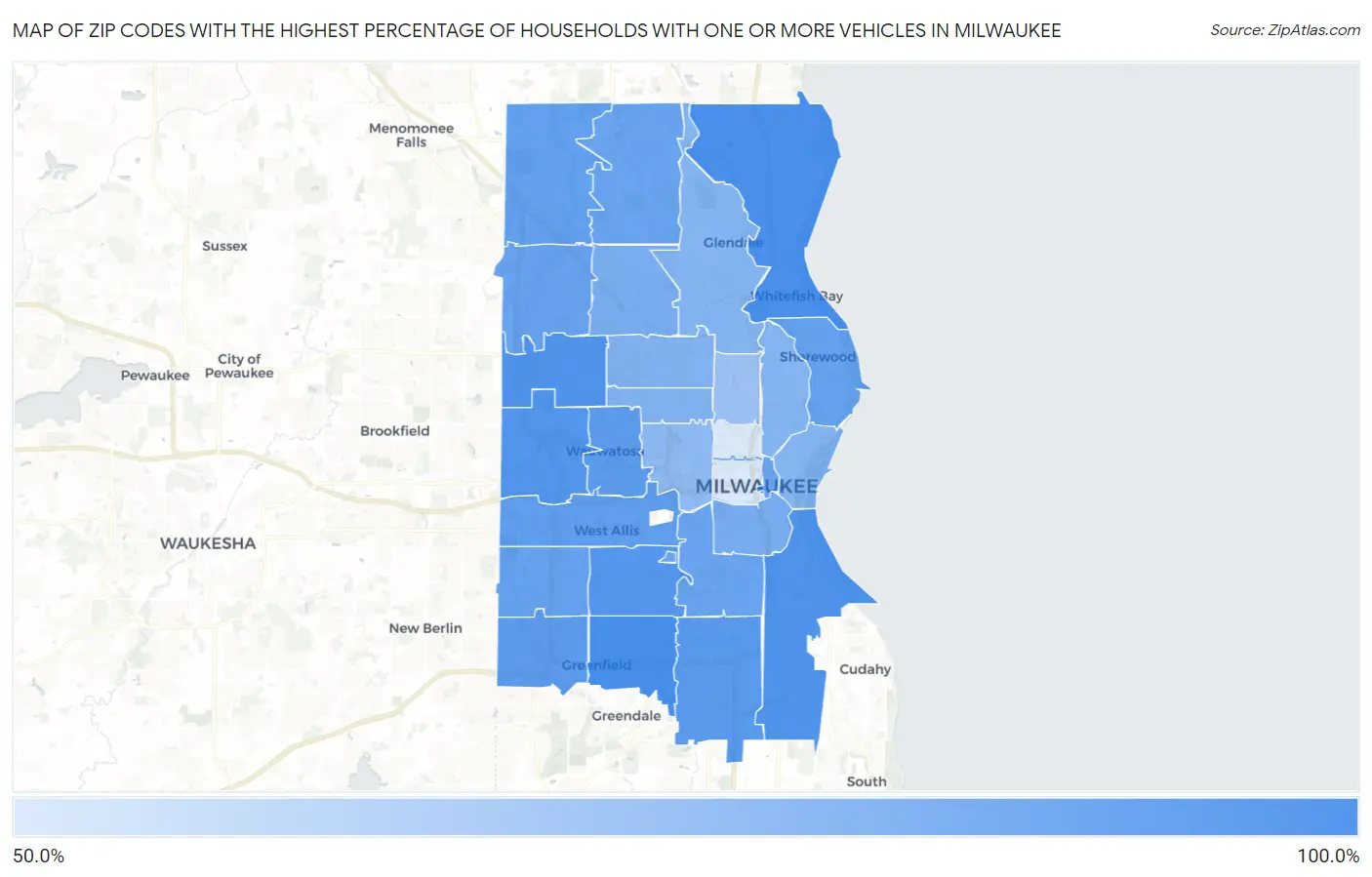 Zip Codes with the Highest Percentage of Households With One or more Vehicles in Milwaukee Map