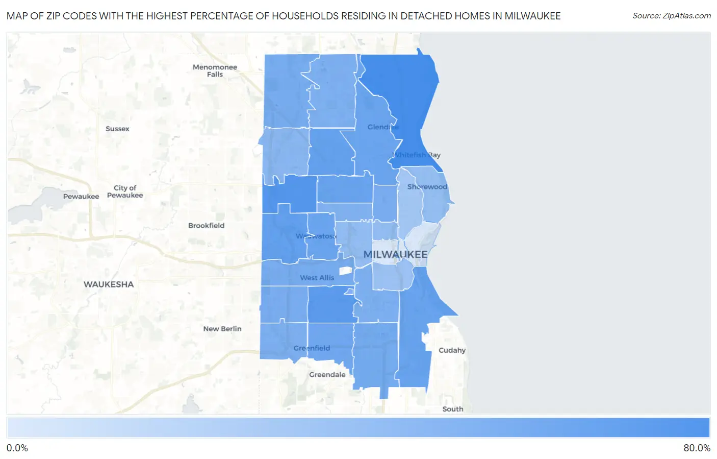 Zip Codes with the Highest Percentage of Households Residing in Detached Homes in Milwaukee Map