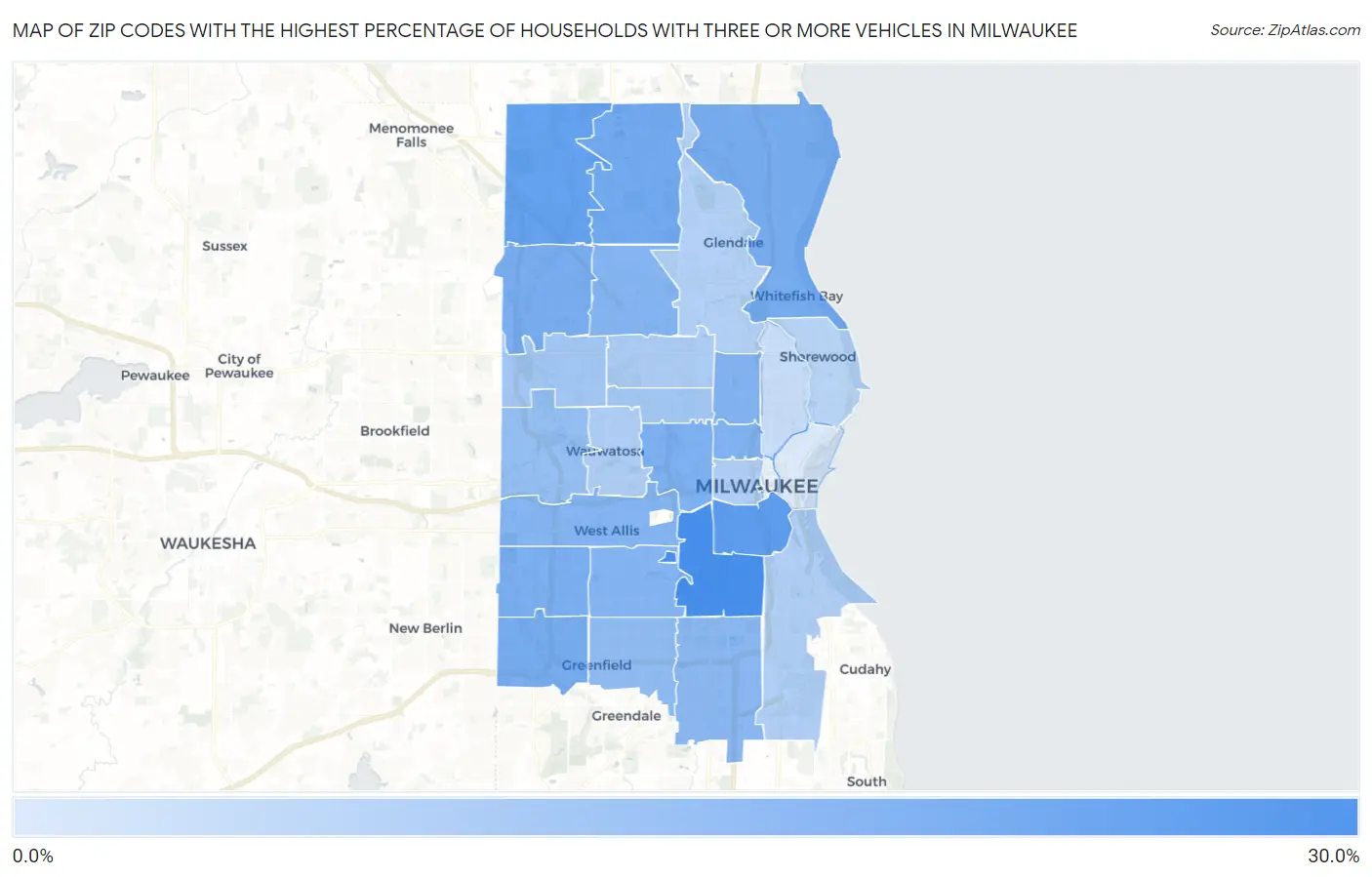 Zip Codes with the Highest Percentage of Households With Three or more Vehicles in Milwaukee Map