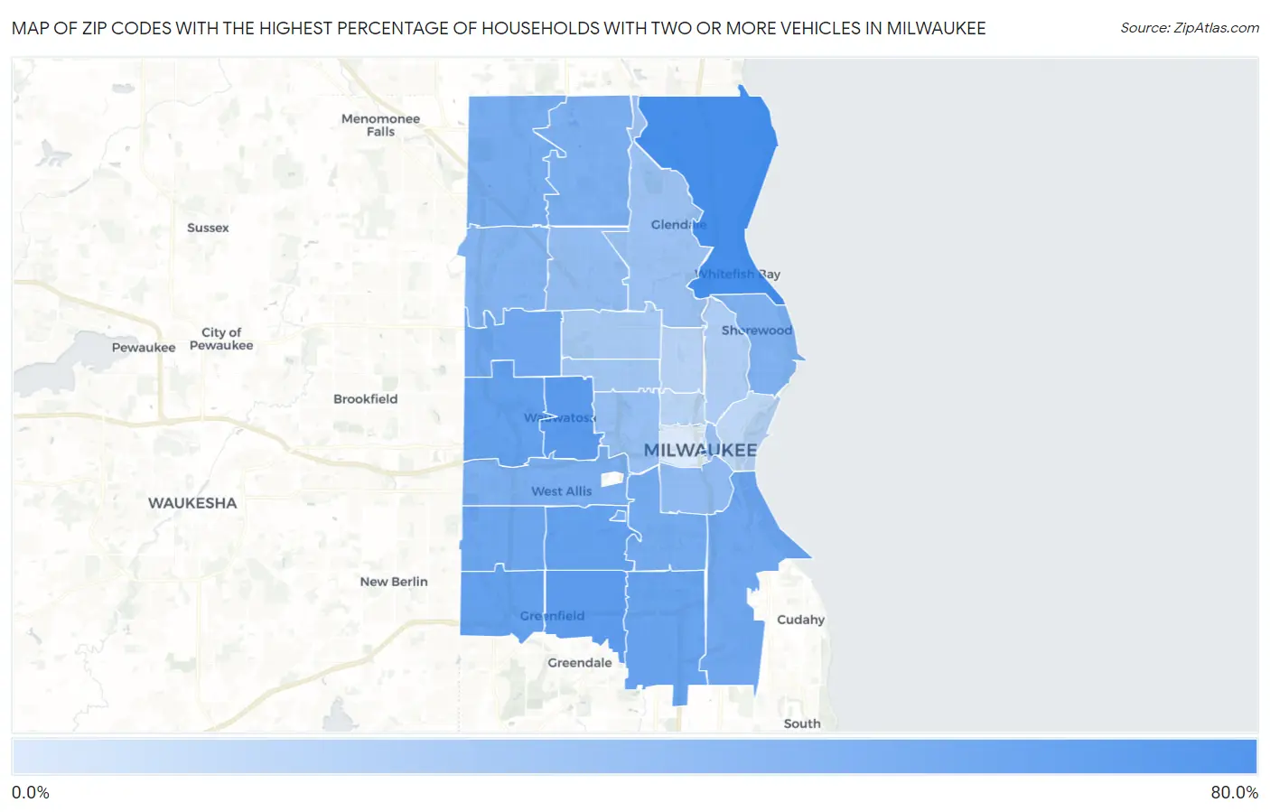 Zip Codes with the Highest Percentage of Households With Two or more Vehicles in Milwaukee Map