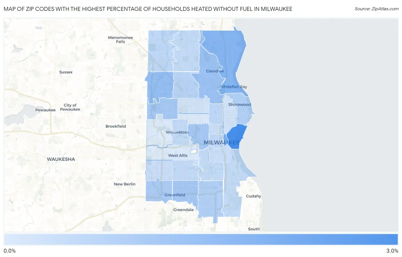 Zip Codes with the Highest Percentage of Households Heated without Fuel in Milwaukee Map