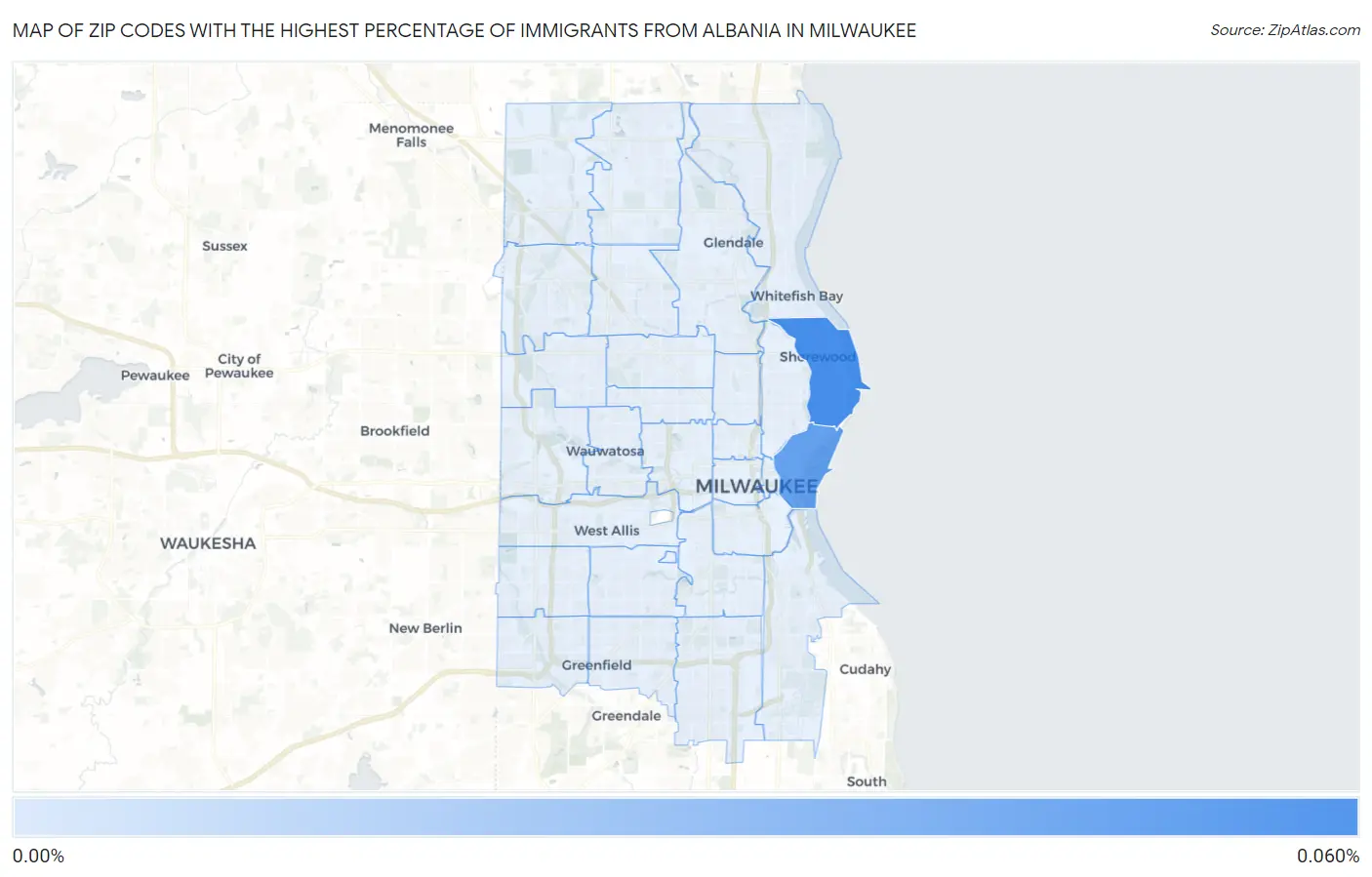 Zip Codes with the Highest Percentage of Immigrants from Albania in Milwaukee Map