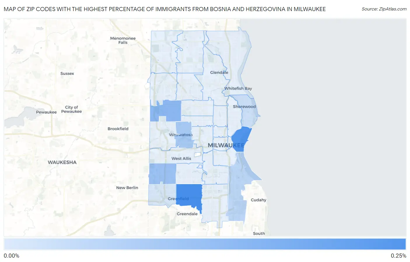 Zip Codes with the Highest Percentage of Immigrants from Bosnia and Herzegovina in Milwaukee Map