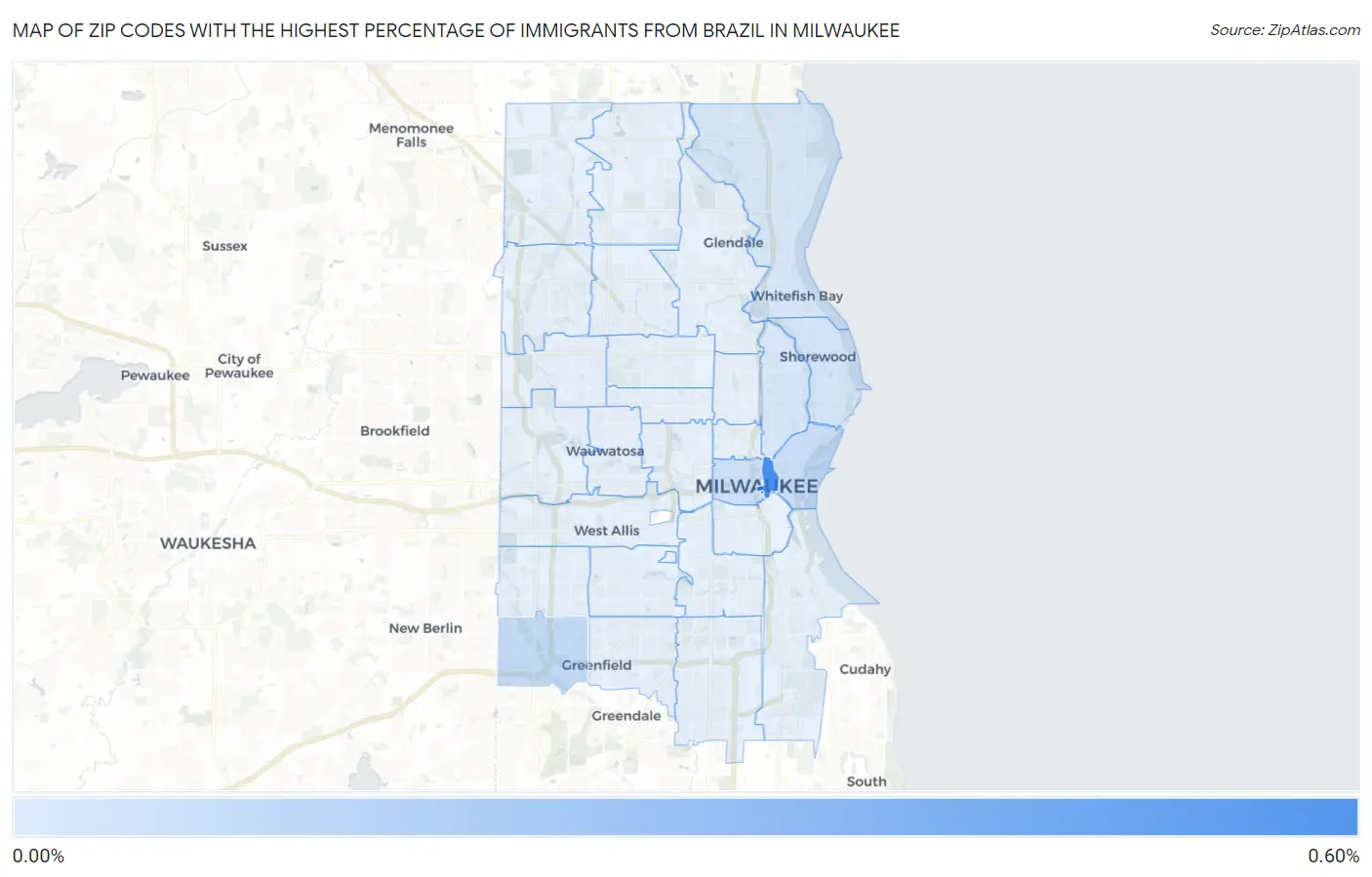 Zip Codes with the Highest Percentage of Immigrants from Brazil in Milwaukee Map