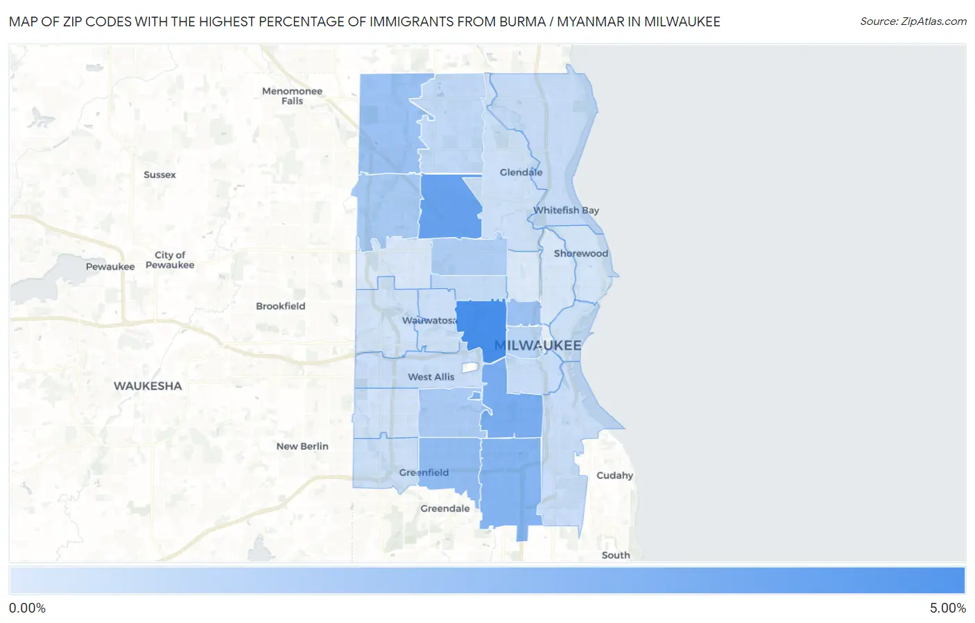 Zip Codes with the Highest Percentage of Immigrants from Burma / Myanmar in Milwaukee Map