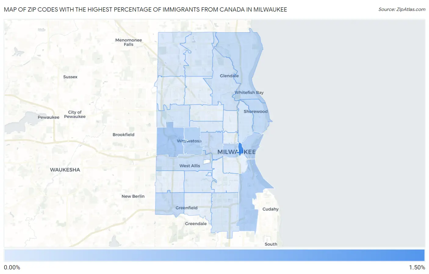 Zip Codes with the Highest Percentage of Immigrants from Canada in Milwaukee Map