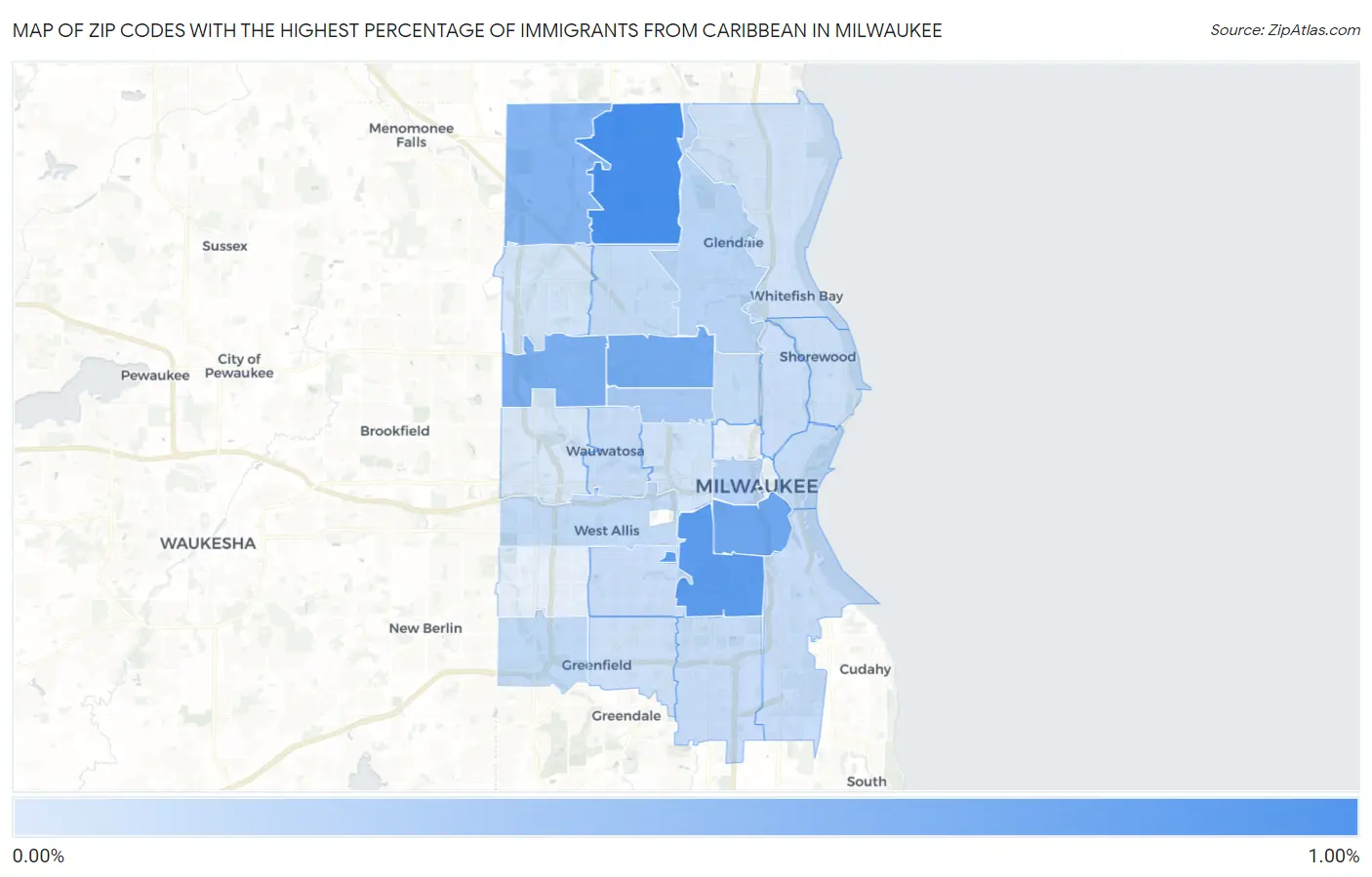 Zip Codes with the Highest Percentage of Immigrants from Caribbean in Milwaukee Map