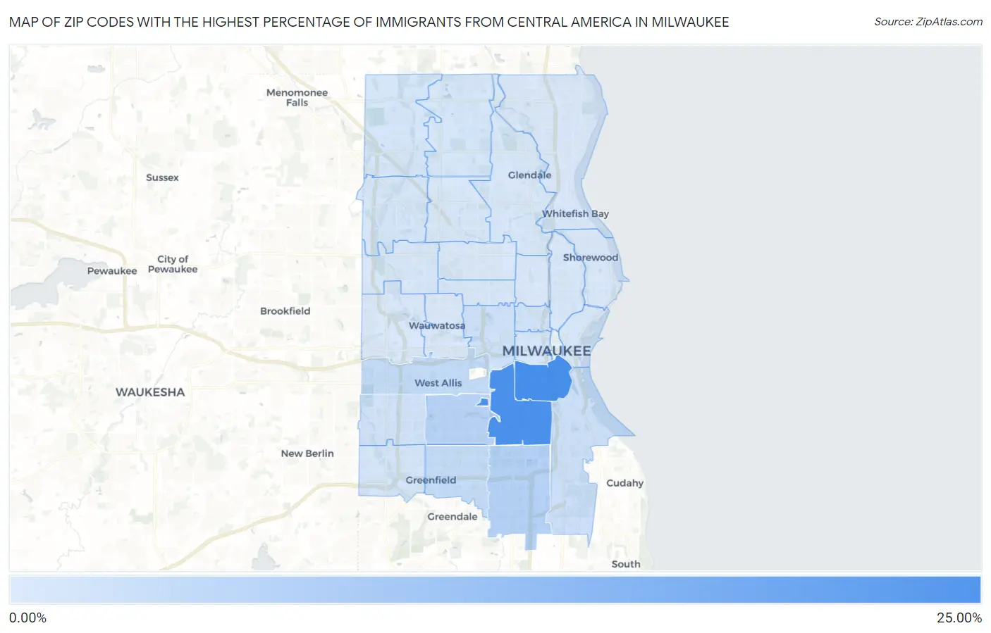 Zip Codes with the Highest Percentage of Immigrants from Central America in Milwaukee Map