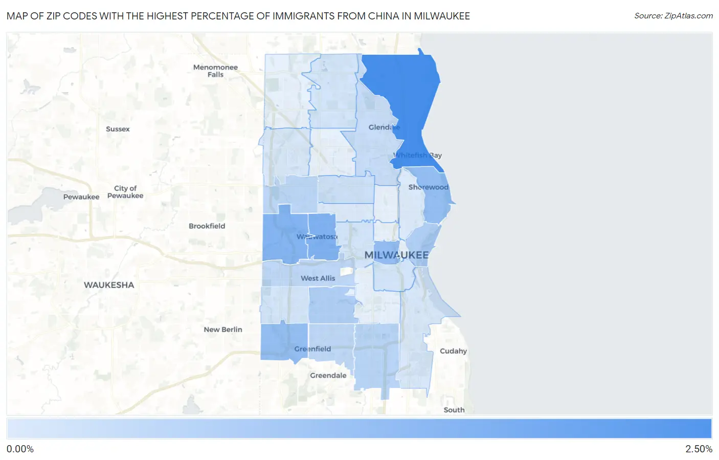 Zip Codes with the Highest Percentage of Immigrants from China in Milwaukee Map