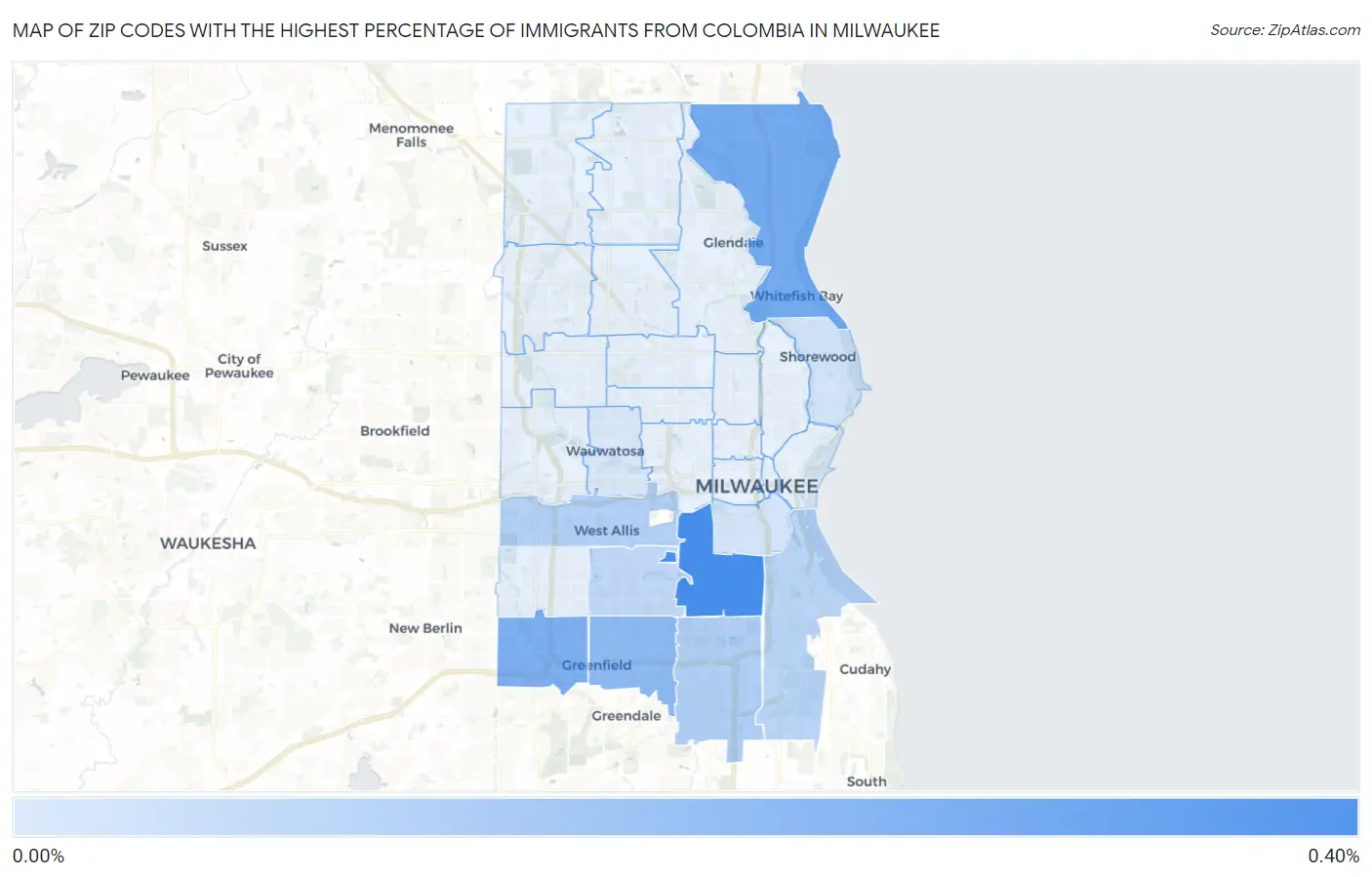 Zip Codes with the Highest Percentage of Immigrants from Colombia in Milwaukee Map