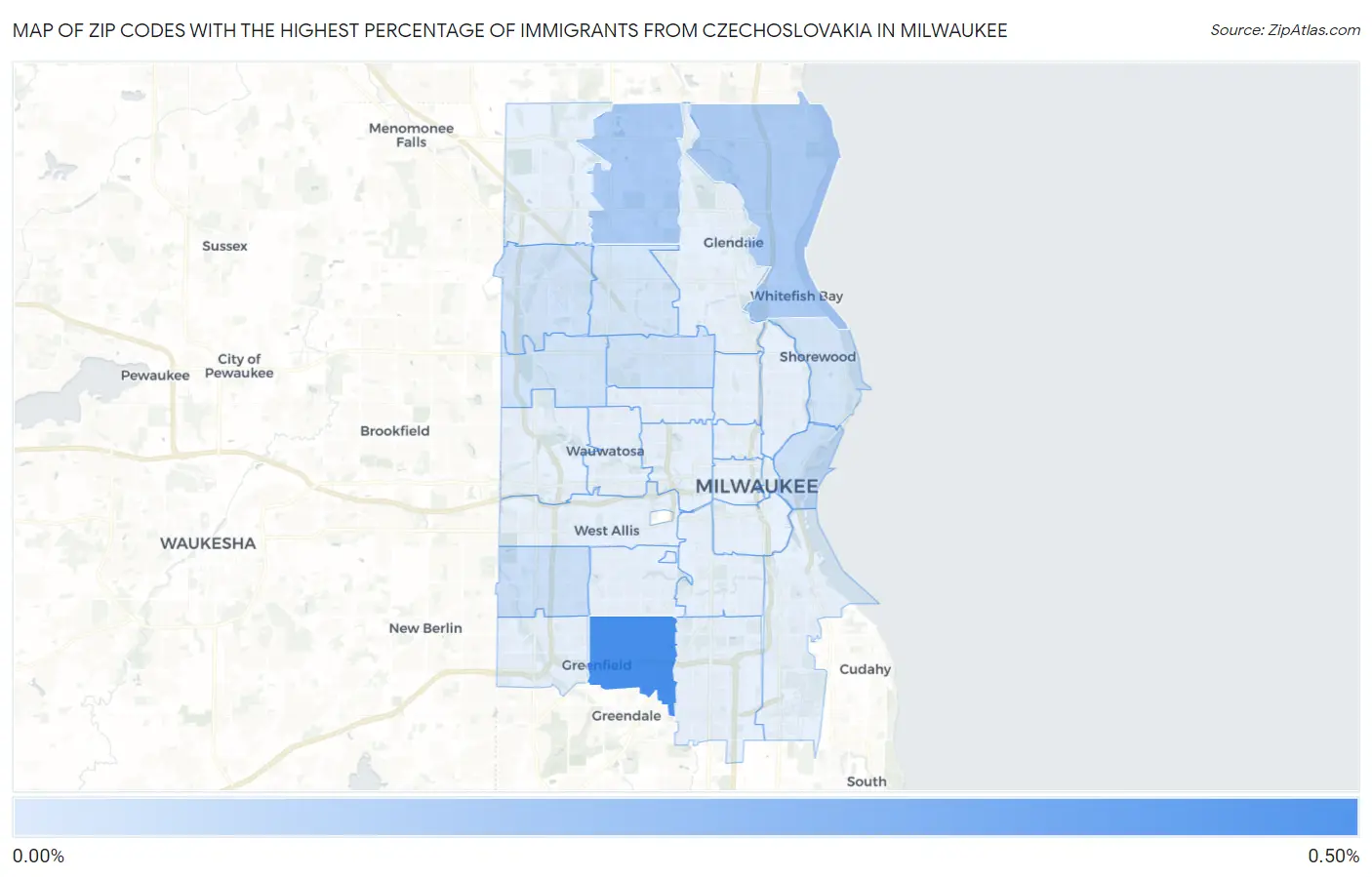 Zip Codes with the Highest Percentage of Immigrants from Czechoslovakia in Milwaukee Map