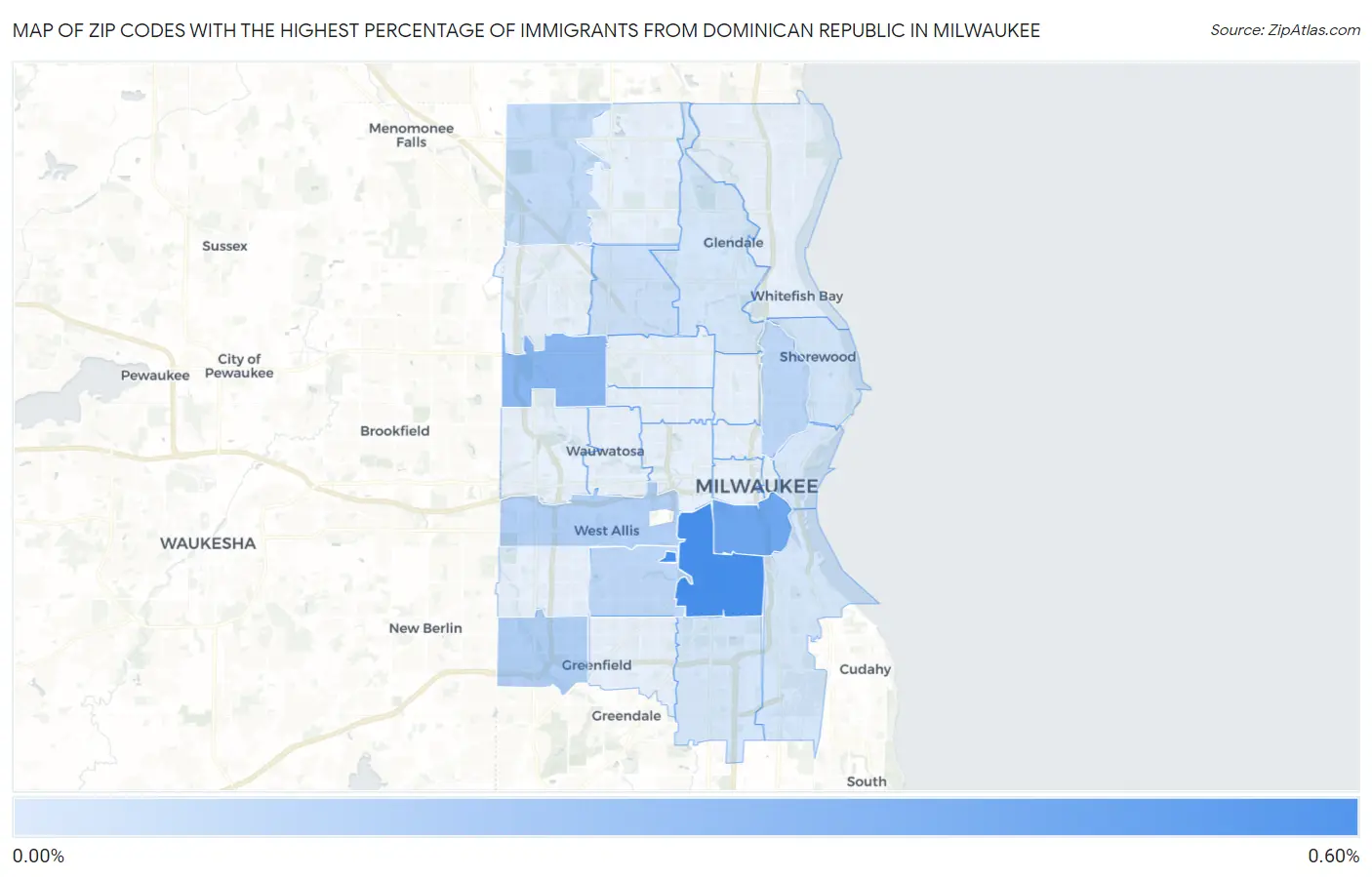 Zip Codes with the Highest Percentage of Immigrants from Dominican Republic in Milwaukee Map