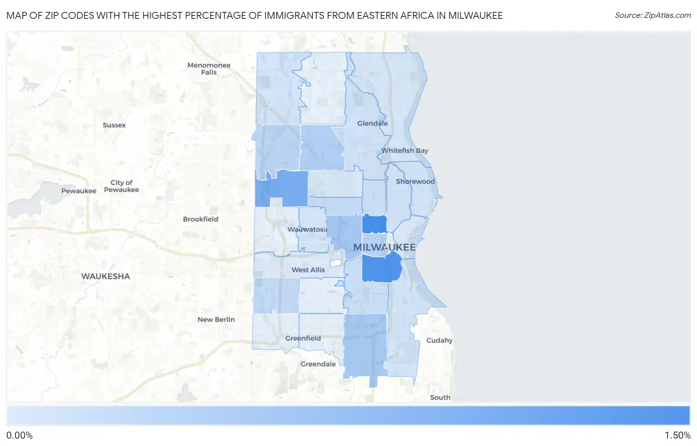 Zip Codes with the Highest Percentage of Immigrants from Eastern Africa in Milwaukee Map