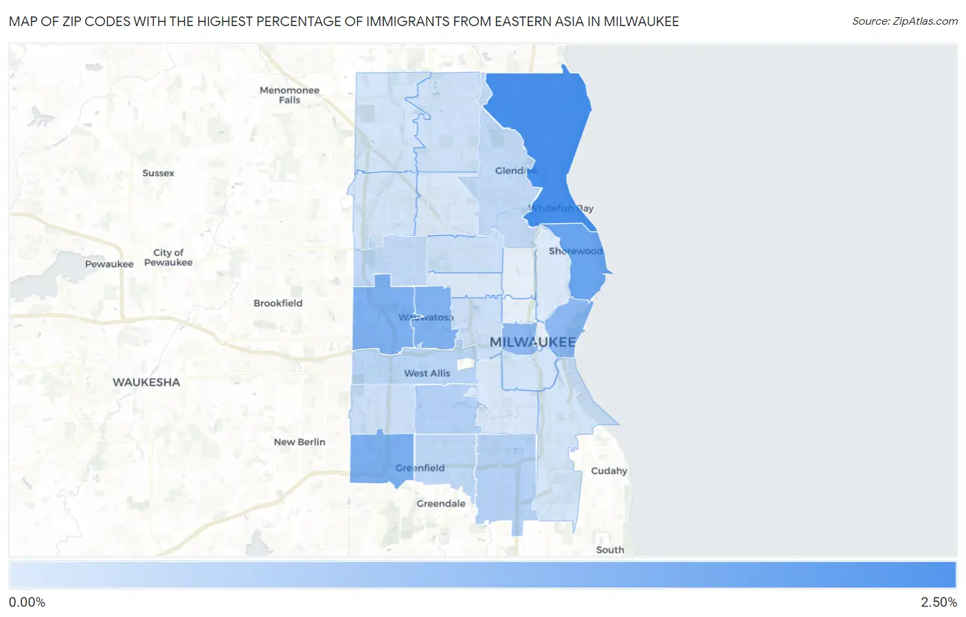 Zip Codes with the Highest Percentage of Immigrants from Eastern Asia in Milwaukee Map