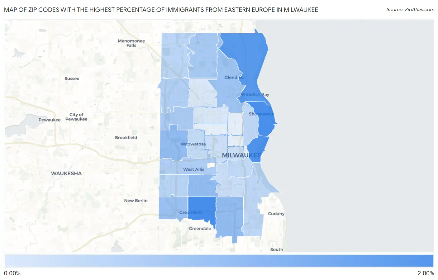 Zip Codes with the Highest Percentage of Immigrants from Eastern Europe in Milwaukee Map