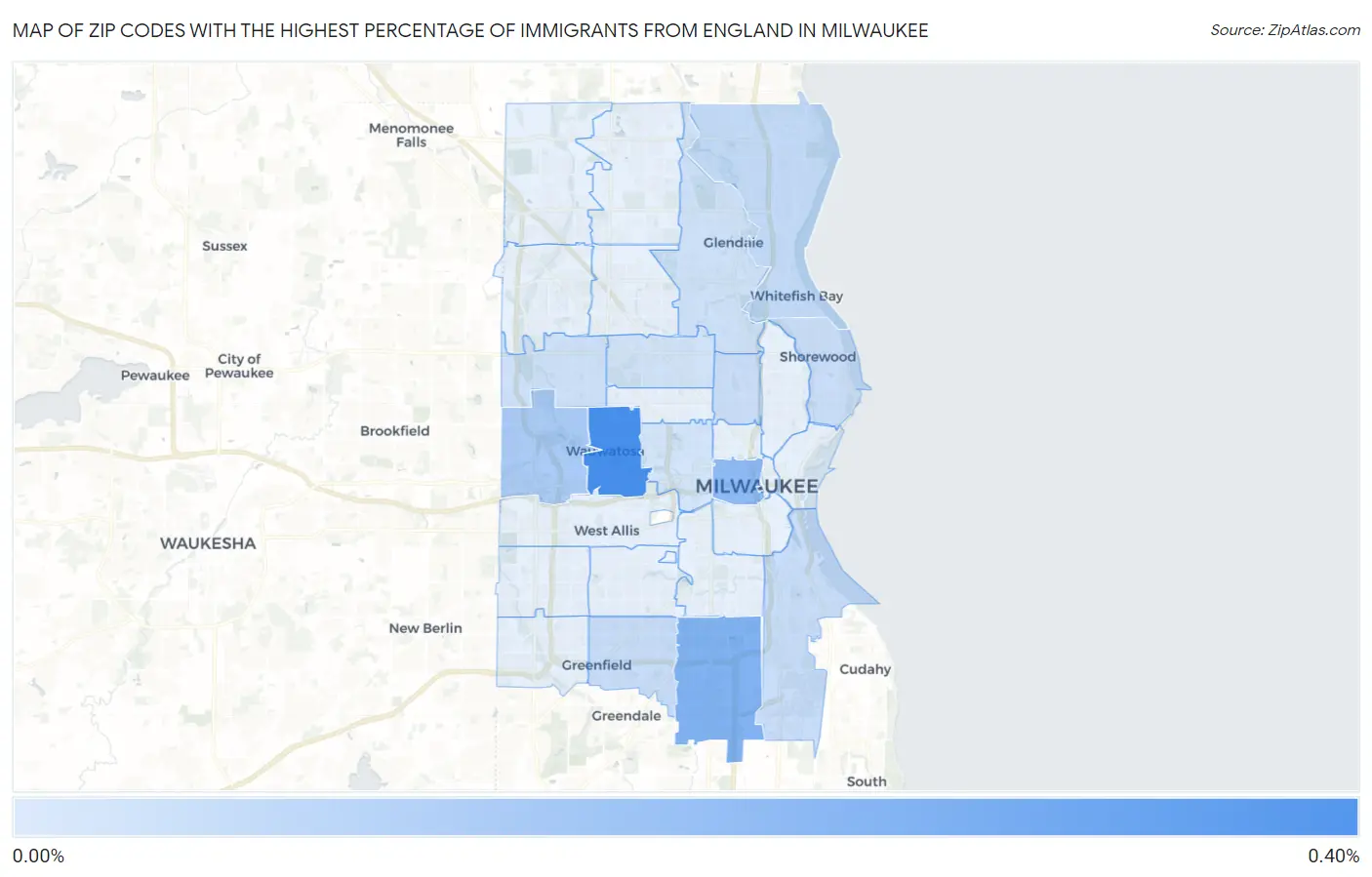 Zip Codes with the Highest Percentage of Immigrants from England in Milwaukee Map