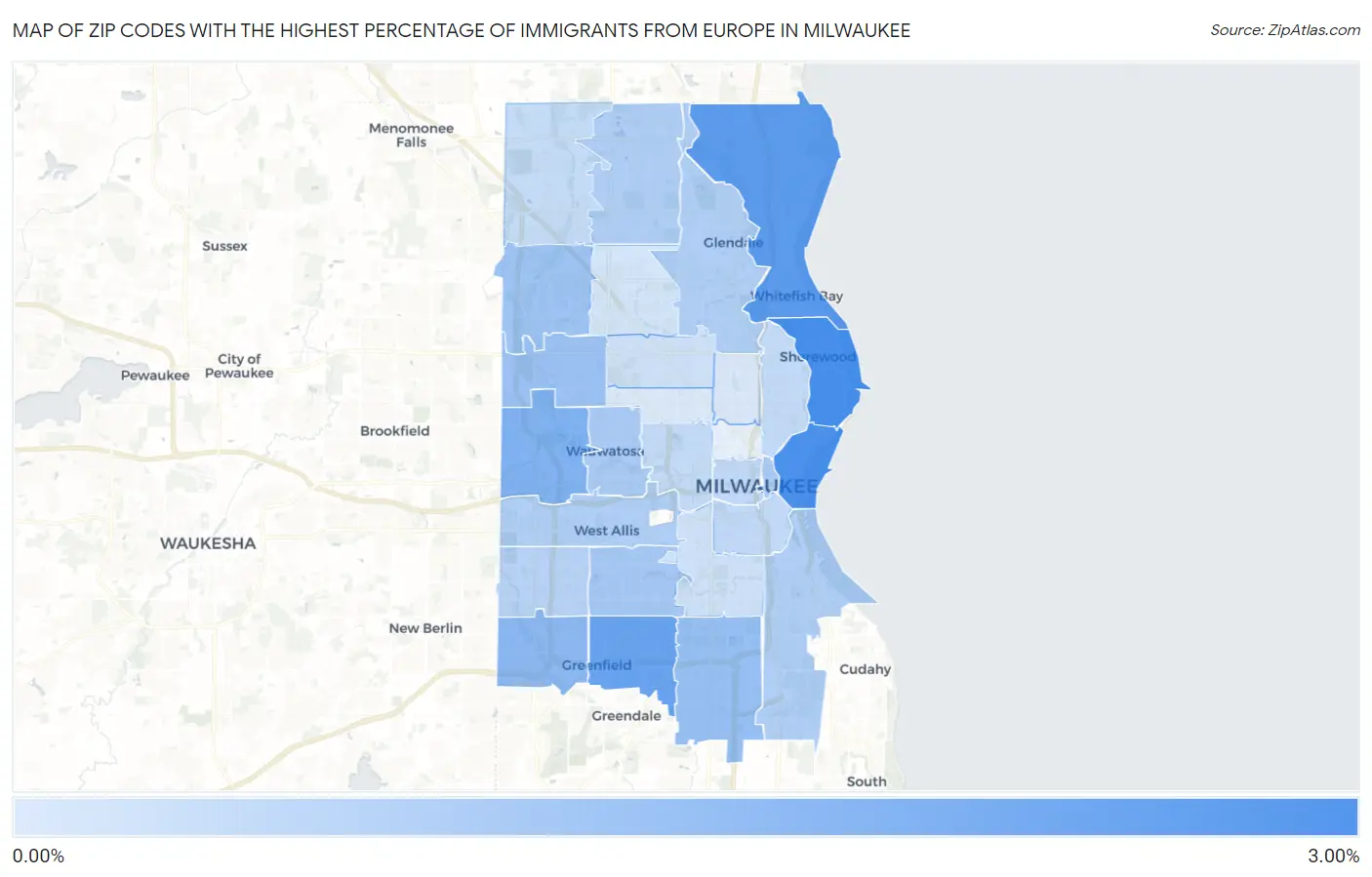 Zip Codes with the Highest Percentage of Immigrants from Europe in Milwaukee Map