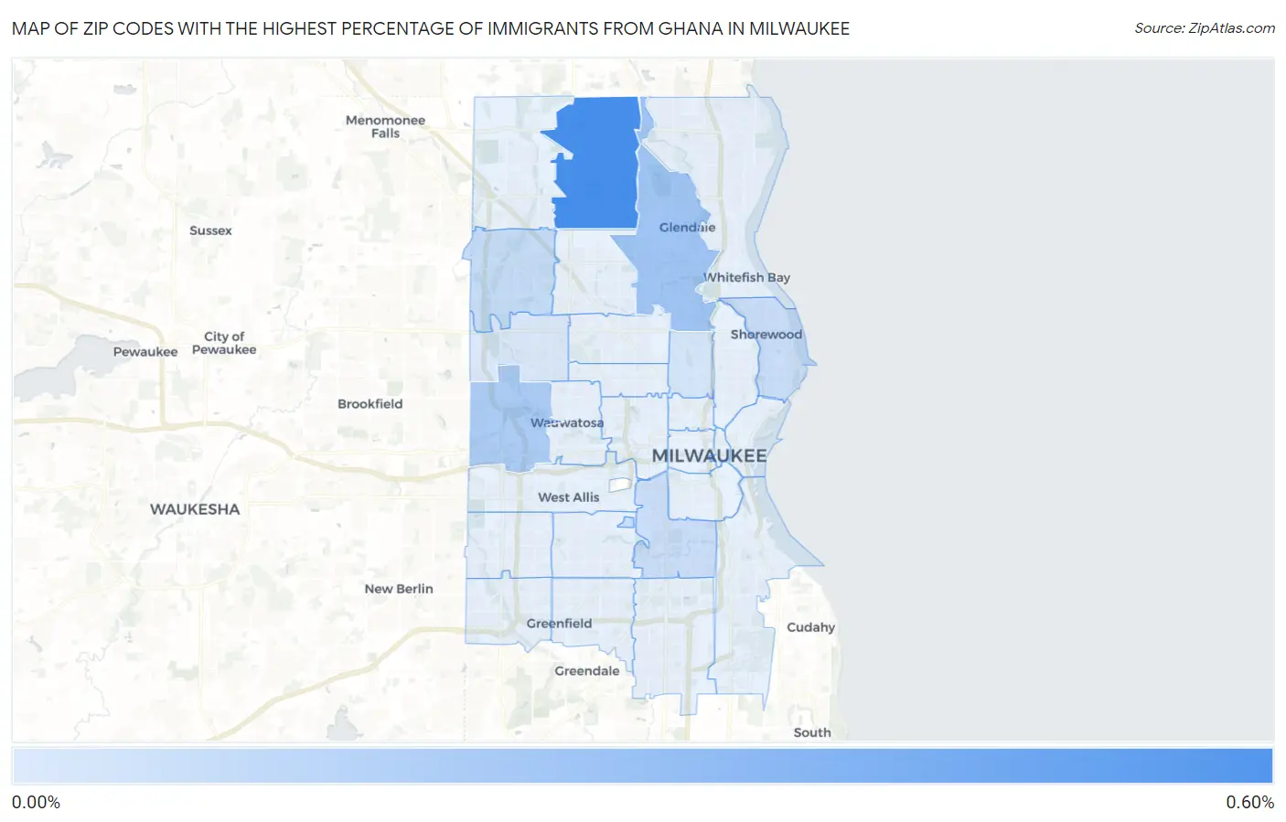 Zip Codes with the Highest Percentage of Immigrants from Ghana in Milwaukee Map