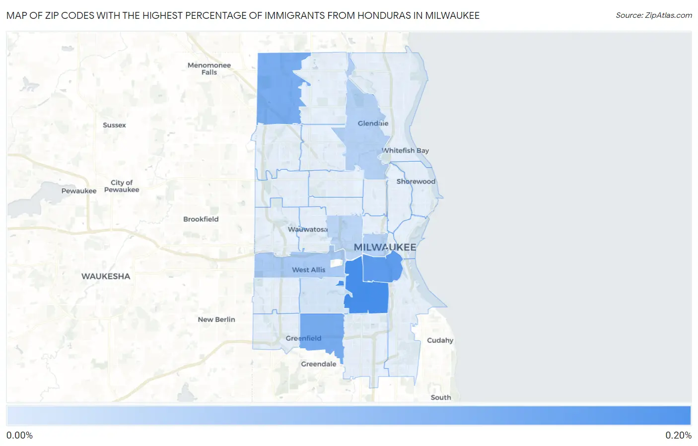 Zip Codes with the Highest Percentage of Immigrants from Honduras in Milwaukee Map