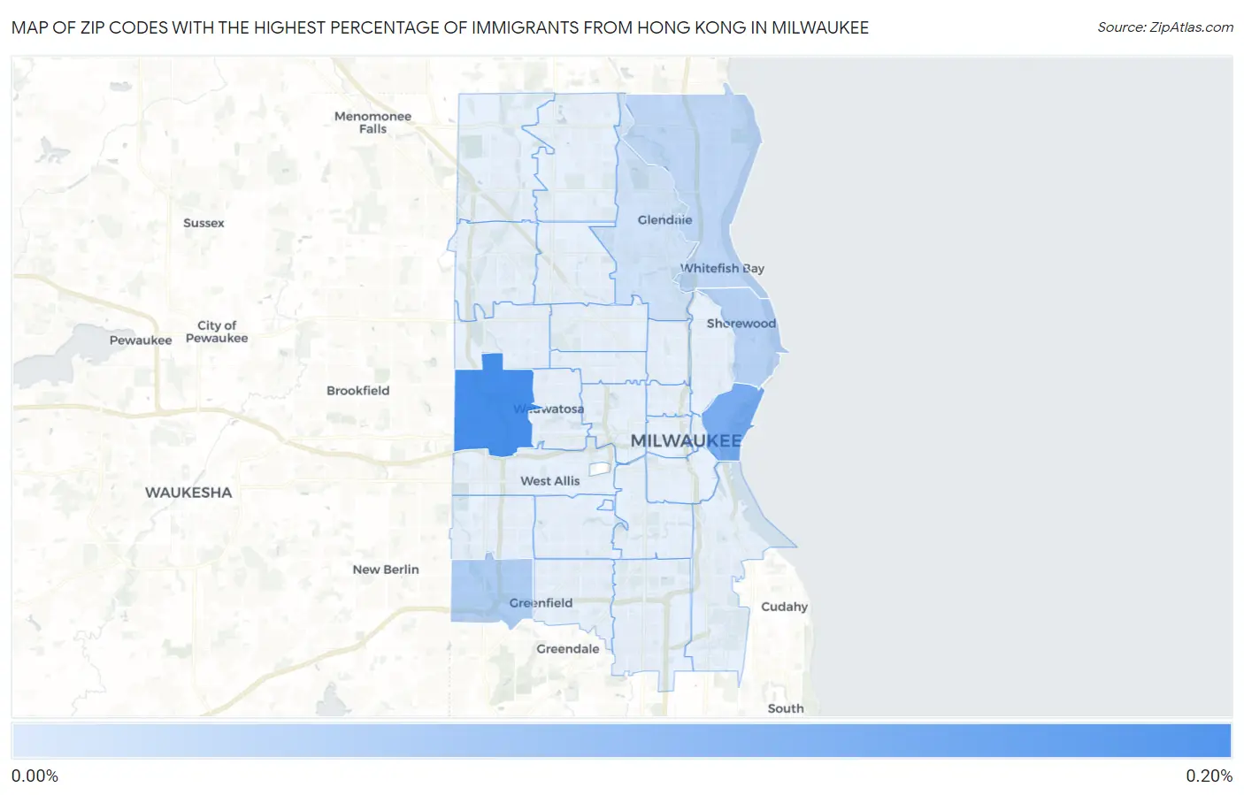 Zip Codes with the Highest Percentage of Immigrants from Hong Kong in Milwaukee Map