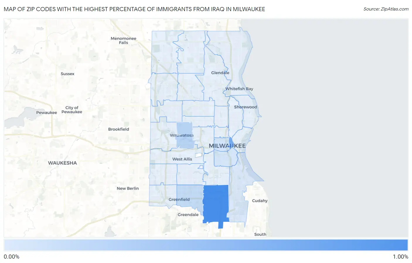 Zip Codes with the Highest Percentage of Immigrants from Iraq in Milwaukee Map