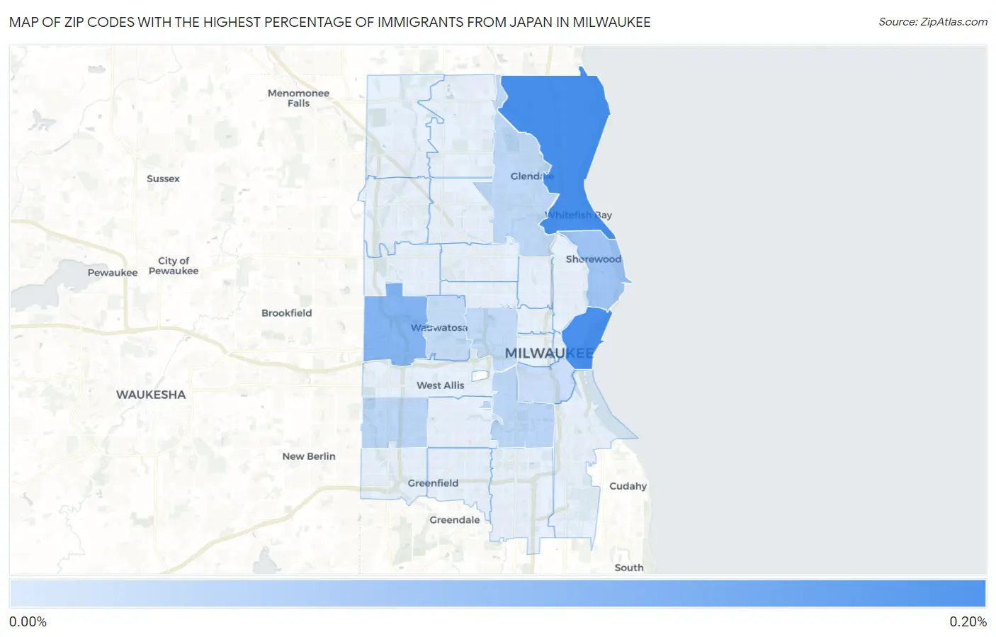 Zip Codes with the Highest Percentage of Immigrants from Japan in Milwaukee Map