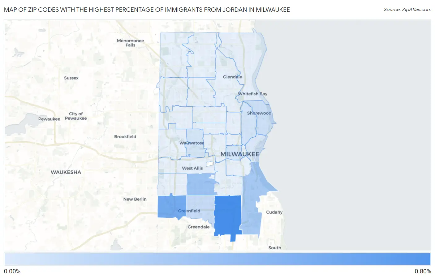 Zip Codes with the Highest Percentage of Immigrants from Jordan in Milwaukee Map
