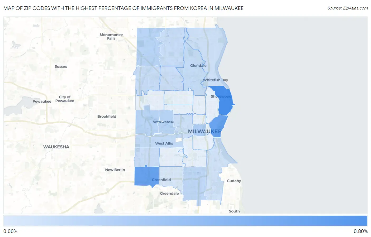 Zip Codes with the Highest Percentage of Immigrants from Korea in Milwaukee Map
